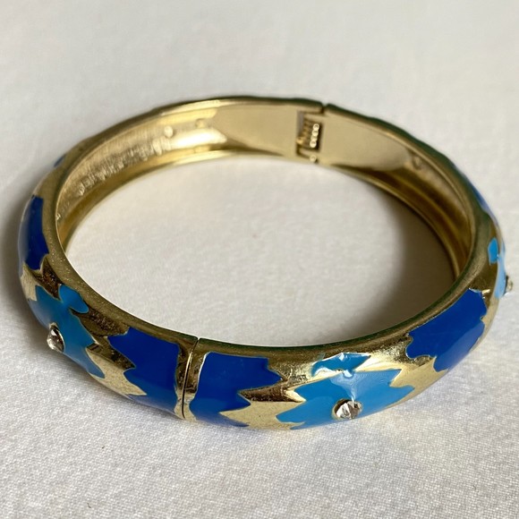 Sequin Bangle Bracelet Blue Abstract Cloisonne Enamel Hinged - Picture 1 of 7